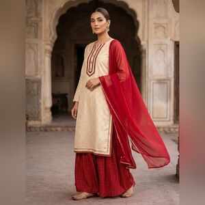 Chinyere- Red Garaara & Cream Shirt With Chiffon Duppata - 3 Piece Suit